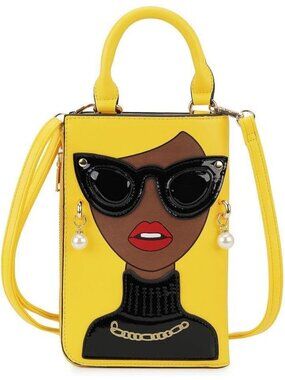 Women Yellow Coffee Lady Face PU Leather Shoulder Bag Handle Satchel Clutch
